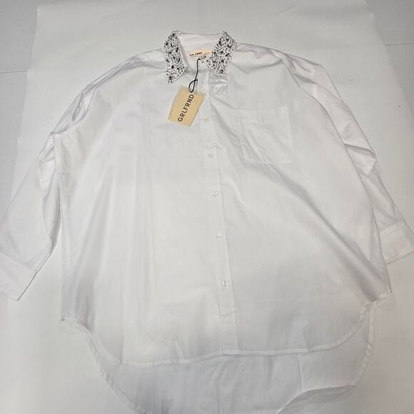 GRLFRND Alessandra Oversized Shirt with Jeweled Collar in White XS - Picture 2 of 12